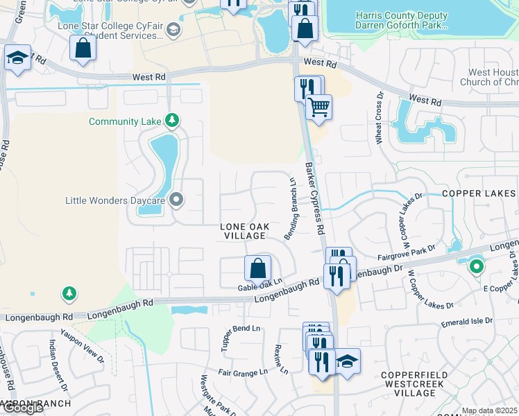 map of restaurants, bars, coffee shops, grocery stores, and more near 18018 Oak Orchard Lane in Cypress