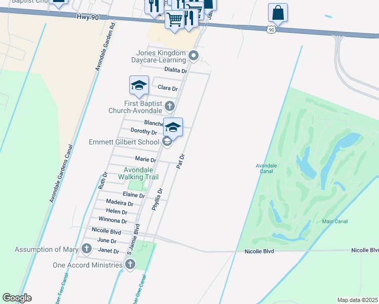 map of restaurants, bars, coffee shops, grocery stores, and more near 4505 Pat Drive in Avondale