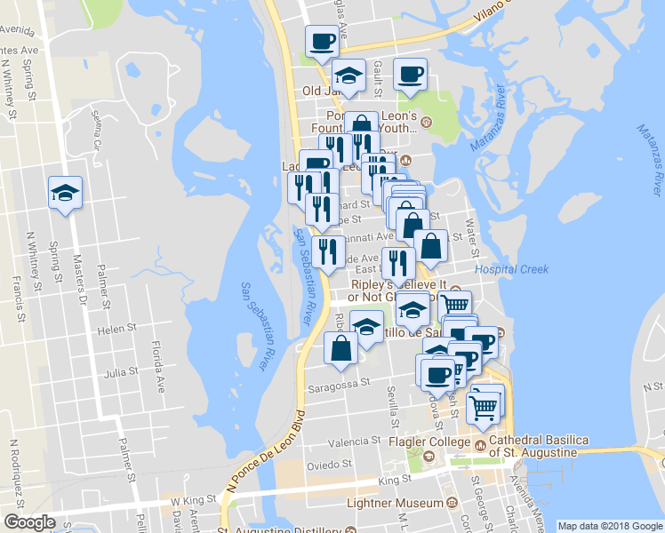 map of restaurants, bars, coffee shops, grocery stores, and more near 45 Rohde Avenue in St. Augustine