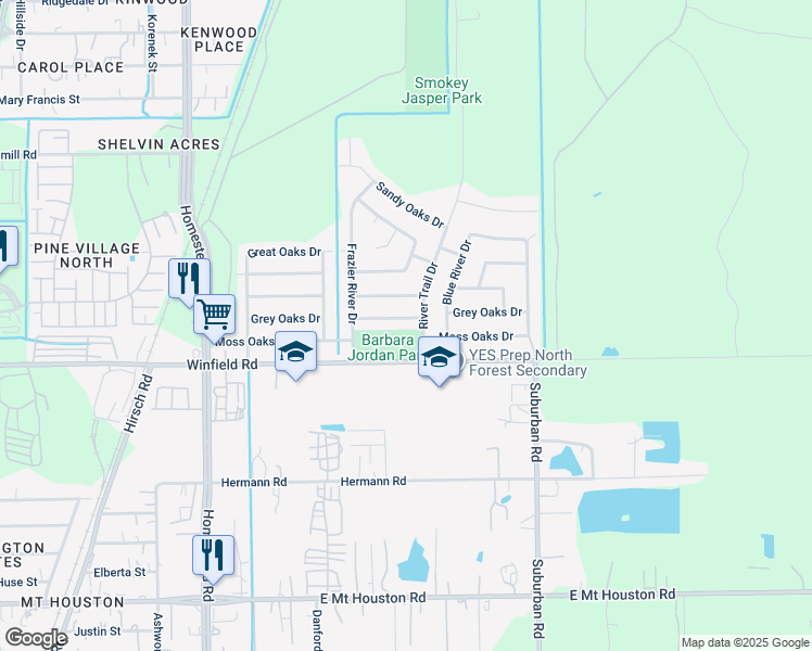 map of restaurants, bars, coffee shops, grocery stores, and more near 6511 Grey Oaks Drive in Houston