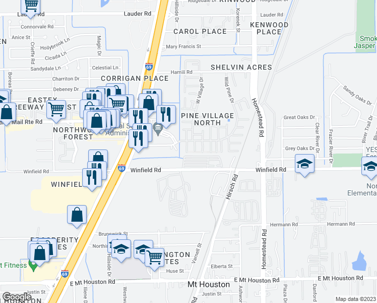 map of restaurants, bars, coffee shops, grocery stores, and more near 5614 Easthampton Drive in Houston