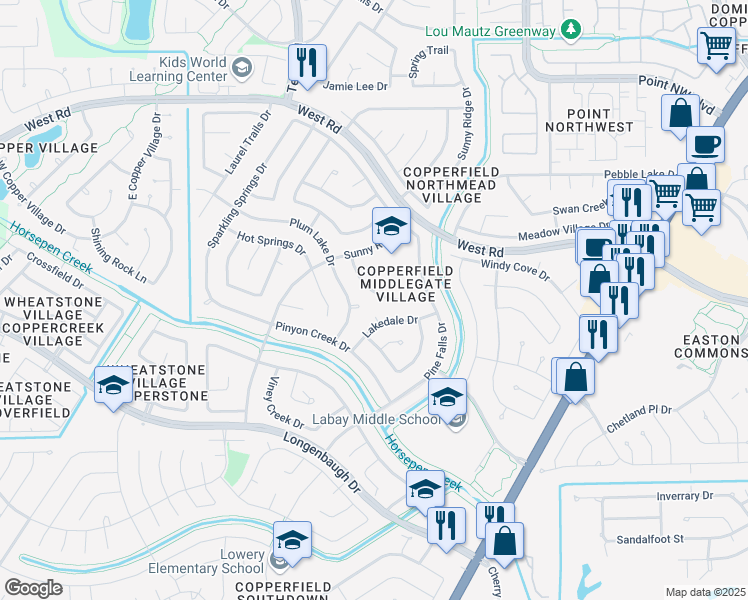 map of restaurants, bars, coffee shops, grocery stores, and more near 15803 Maple Manor Drive in Houston