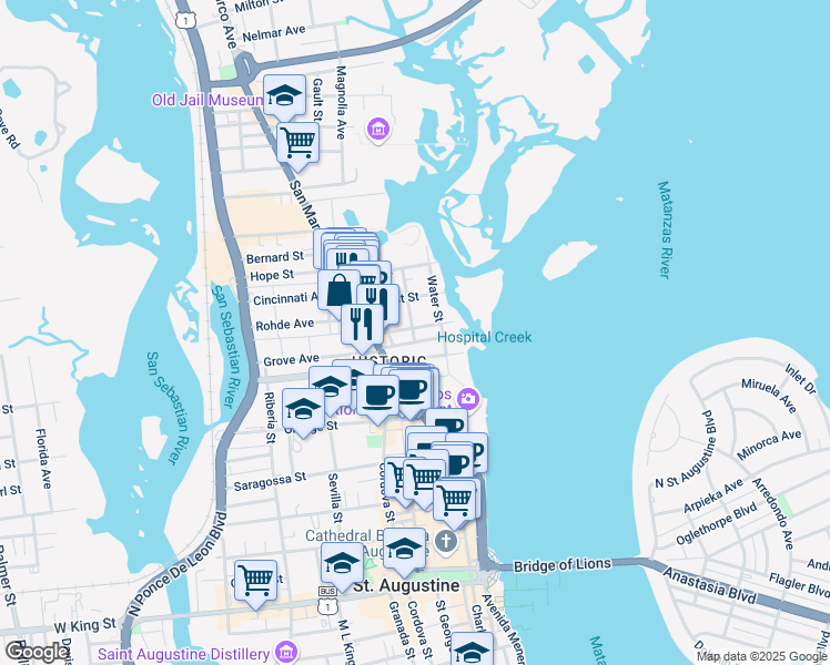 map of restaurants, bars, coffee shops, grocery stores, and more near 21 Mulberry Street in Saint Augustine