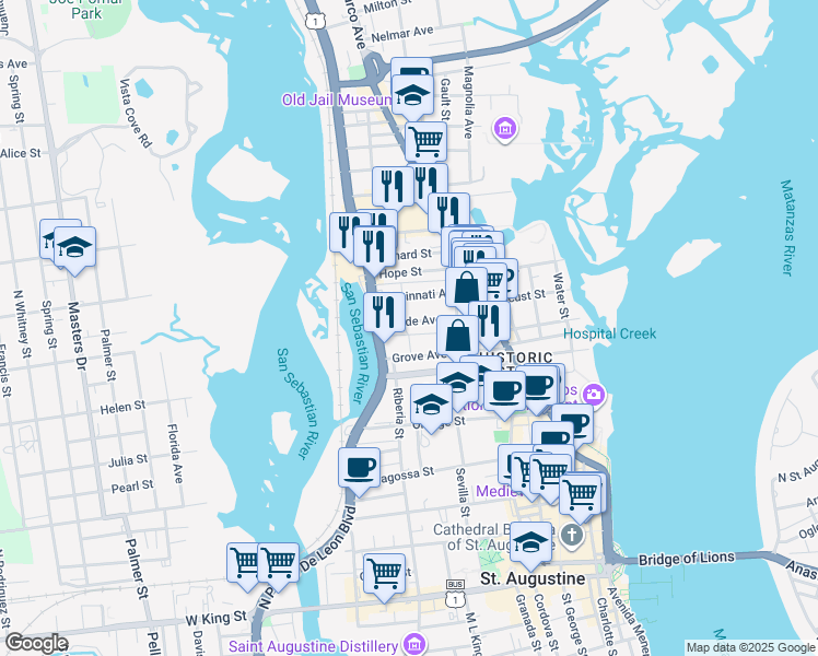 map of restaurants, bars, coffee shops, grocery stores, and more near 44 Rohde Avenue in St. Augustine