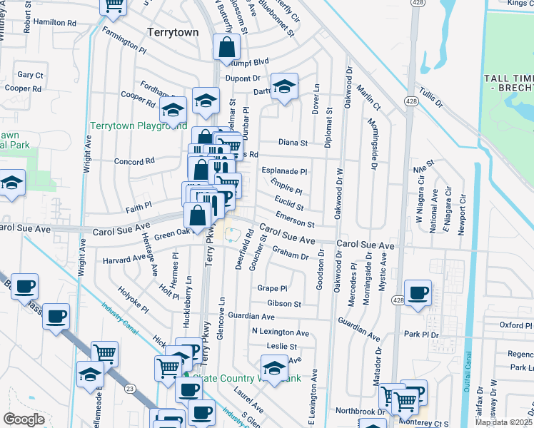 map of restaurants, bars, coffee shops, grocery stores, and more near 2111 Emerson Street in Terrytown