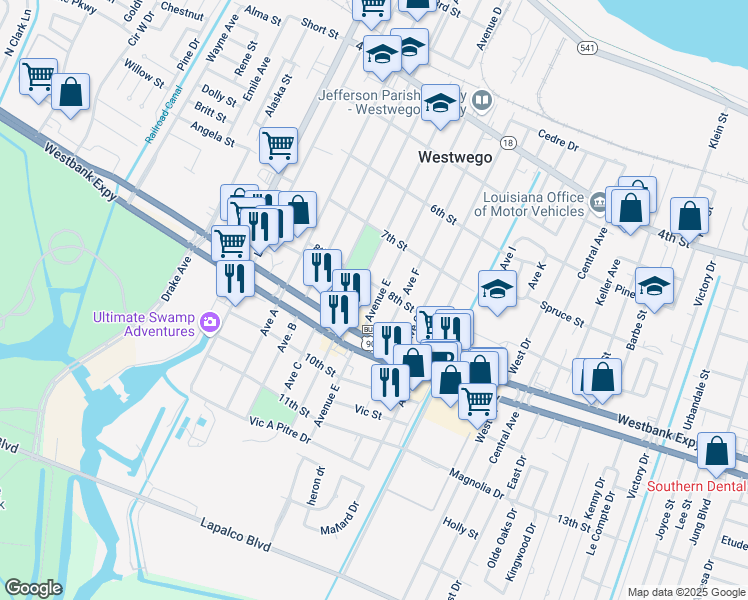 map of restaurants, bars, coffee shops, grocery stores, and more near 901 Avenue E in Westwego