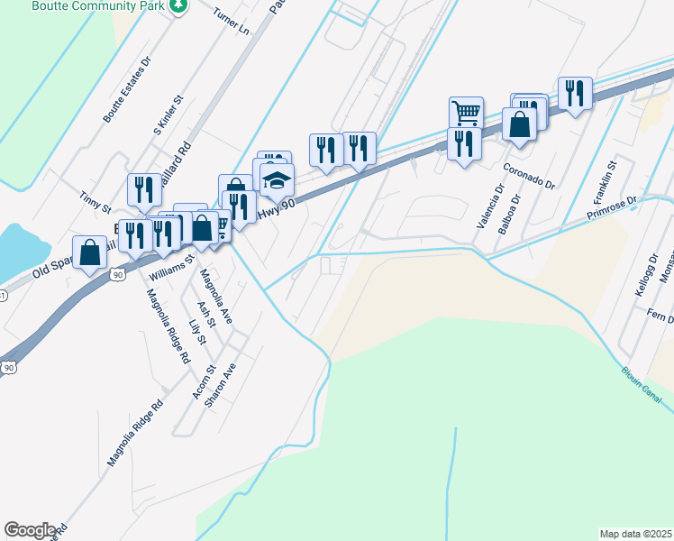 map of restaurants, bars, coffee shops, grocery stores, and more near 305 River Ridge Drive in Boutte