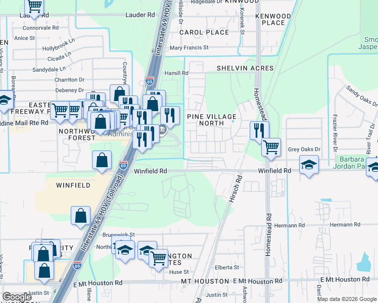 map of restaurants, bars, coffee shops, grocery stores, and more near 5610 Easthampton Drive in Houston