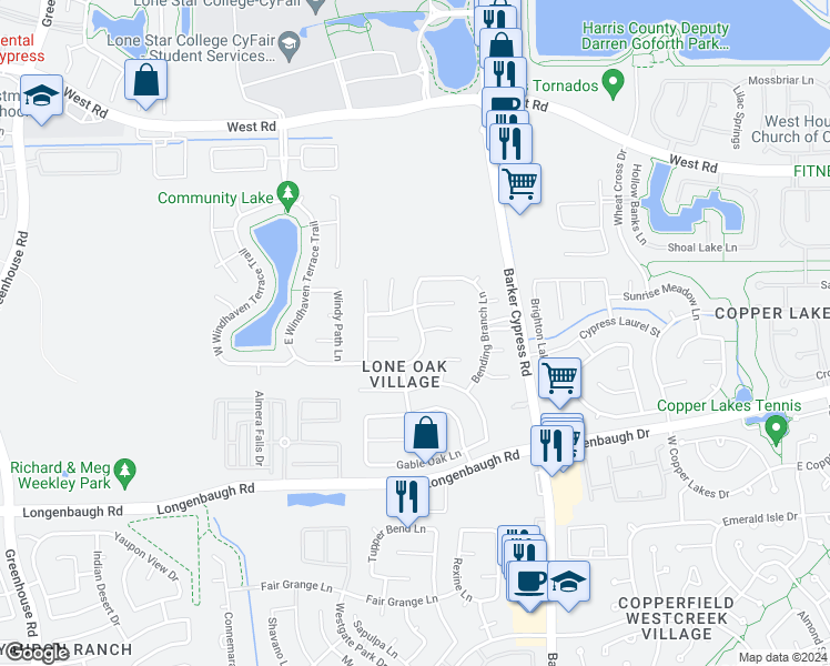map of restaurants, bars, coffee shops, grocery stores, and more near 8435 Woodland Knoll Lane in Cypress