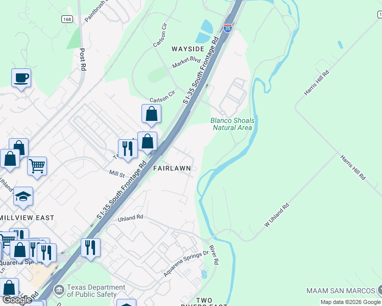 map of restaurants, bars, coffee shops, grocery stores, and more near 1013 Hackberry Street in San Marcos