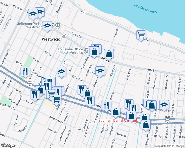 map of restaurants, bars, coffee shops, grocery stores, and more near 700 Chipley Street in Westwego