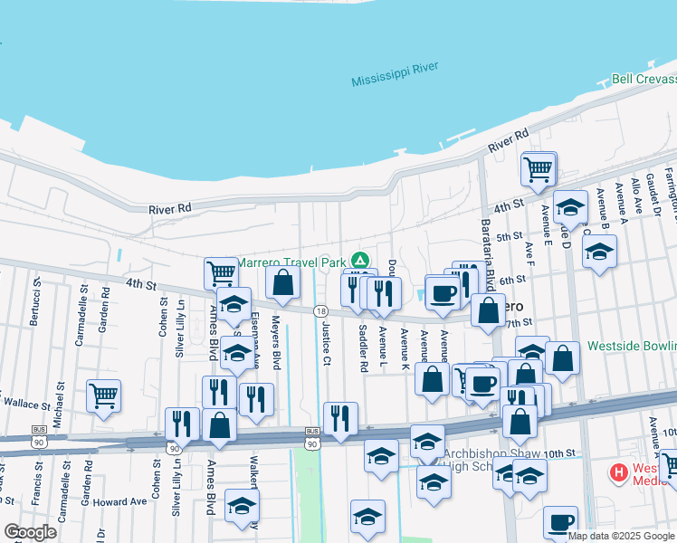 map of restaurants, bars, coffee shops, grocery stores, and more near 328 Robinson Avenue in Marrero