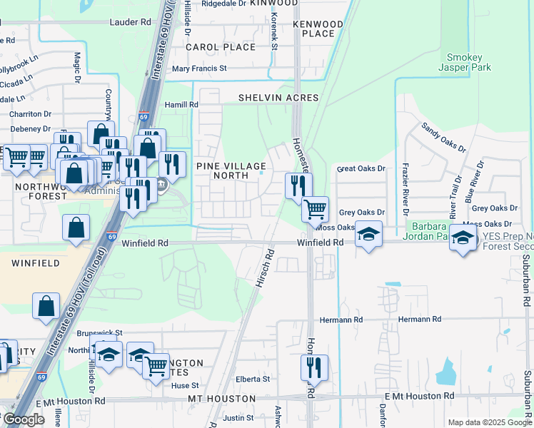 map of restaurants, bars, coffee shops, grocery stores, and more near 12145 Pine Lawn Lane in Houston