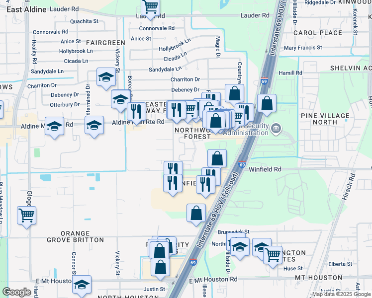 map of restaurants, bars, coffee shops, grocery stores, and more near 12215 Northwood Forest Drive in Houston