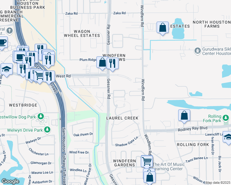 map of restaurants, bars, coffee shops, grocery stores, and more near 9431 Creek Vine Dr in Houston