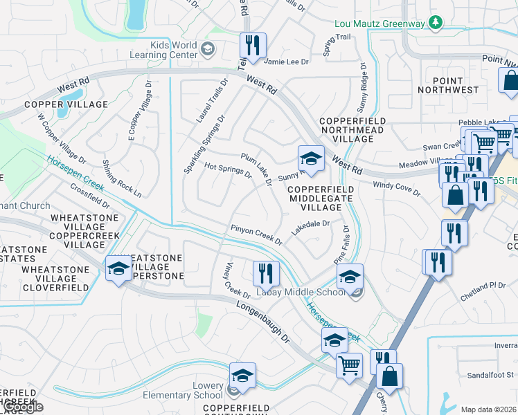 map of restaurants, bars, coffee shops, grocery stores, and more near 8118 Sunny Ridge Drive in Houston
