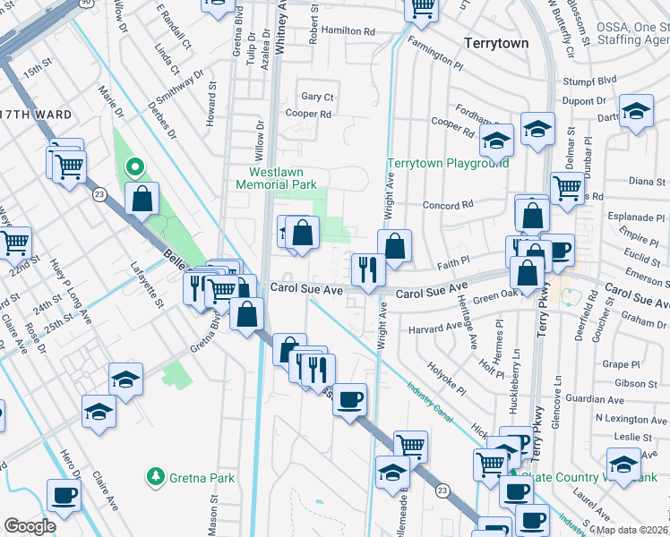 map of restaurants, bars, coffee shops, grocery stores, and more near 1615 Carol Sue Avenue in Terrytown