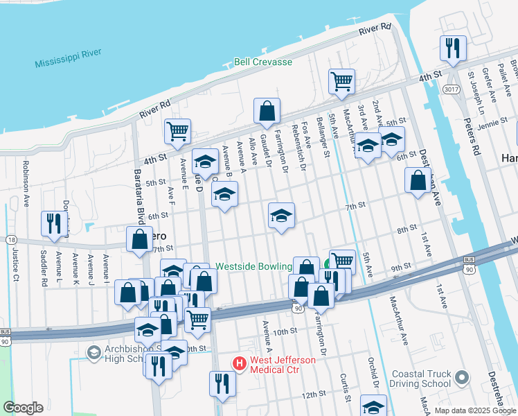 map of restaurants, bars, coffee shops, grocery stores, and more near 605 Allo Avenue in Marrero