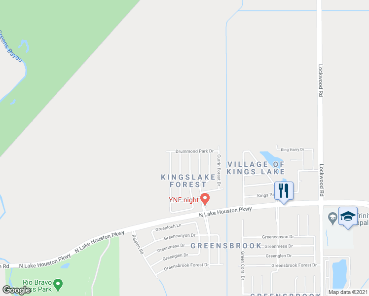 map of restaurants, bars, coffee shops, grocery stores, and more near 11947 Drummond Park Drive in Houston