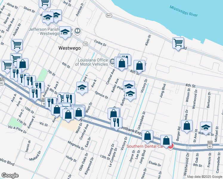 map of restaurants, bars, coffee shops, grocery stores, and more near 706 Keller Avenue in Westwego