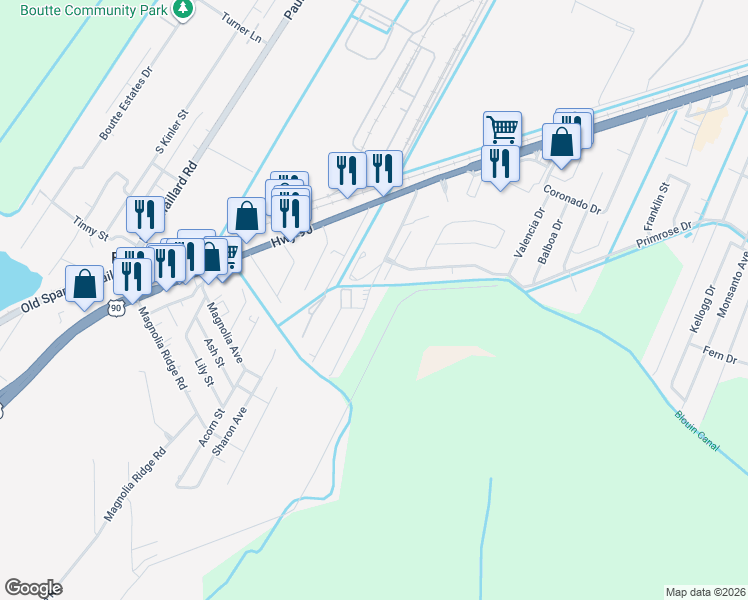 map of restaurants, bars, coffee shops, grocery stores, and more near 305 River Ridge Drive in Boutte