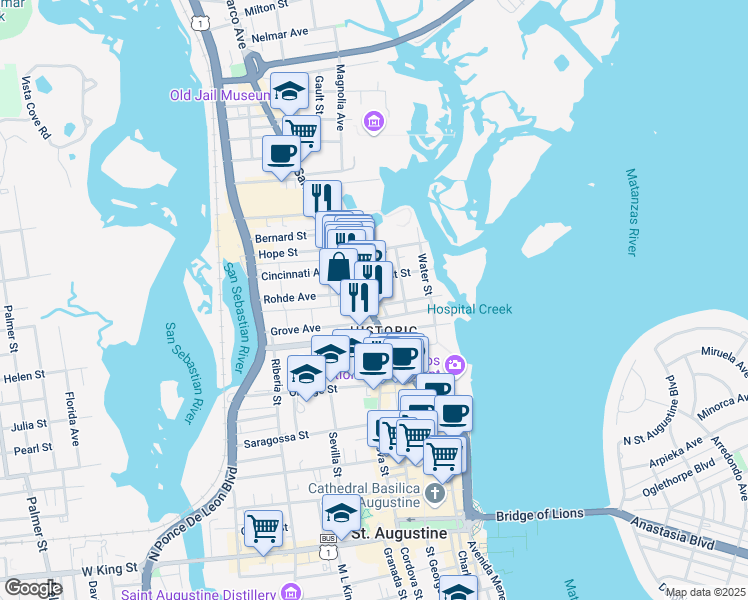 map of restaurants, bars, coffee shops, grocery stores, and more near 43 San Marco Avenue in St. Augustine