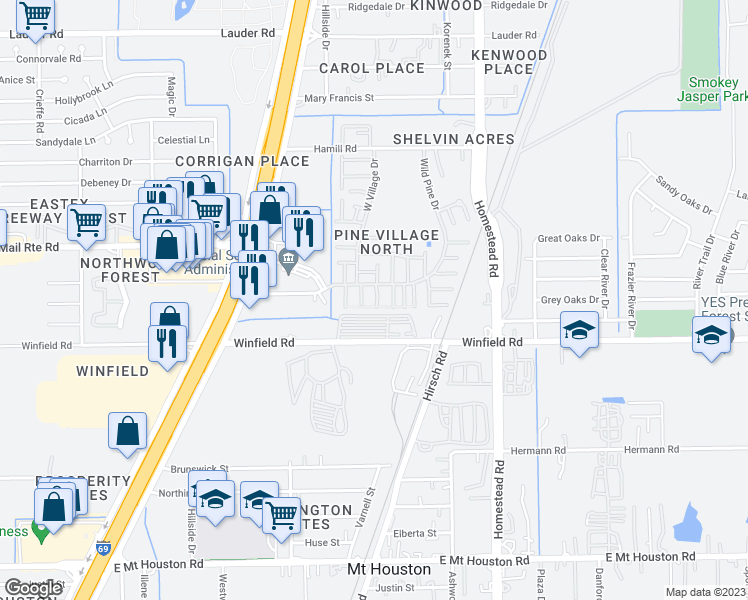 map of restaurants, bars, coffee shops, grocery stores, and more near 5757 Easthampton Drive in Houston