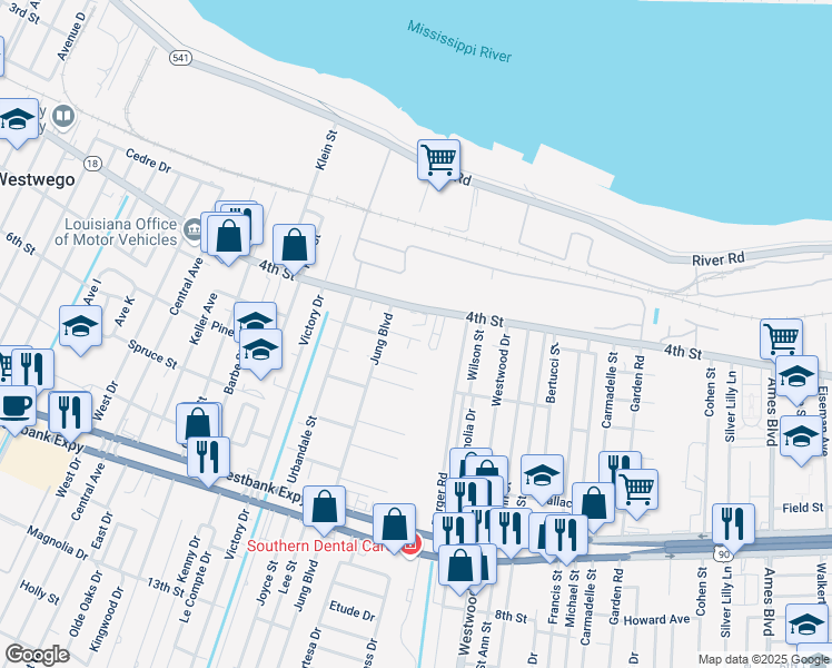 map of restaurants, bars, coffee shops, grocery stores, and more near 7414 Claremont Drive in Marrero