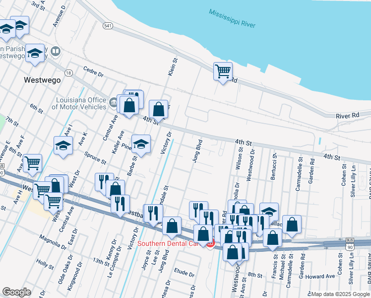 map of restaurants, bars, coffee shops, grocery stores, and more near 504 Urbandale Street in Marrero