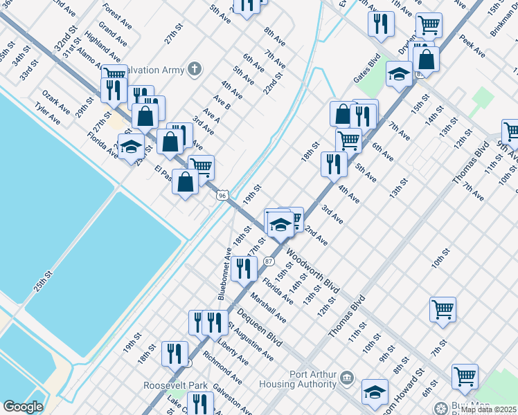 map of restaurants, bars, coffee shops, grocery stores, and more near 2931 18th Street in Port Arthur