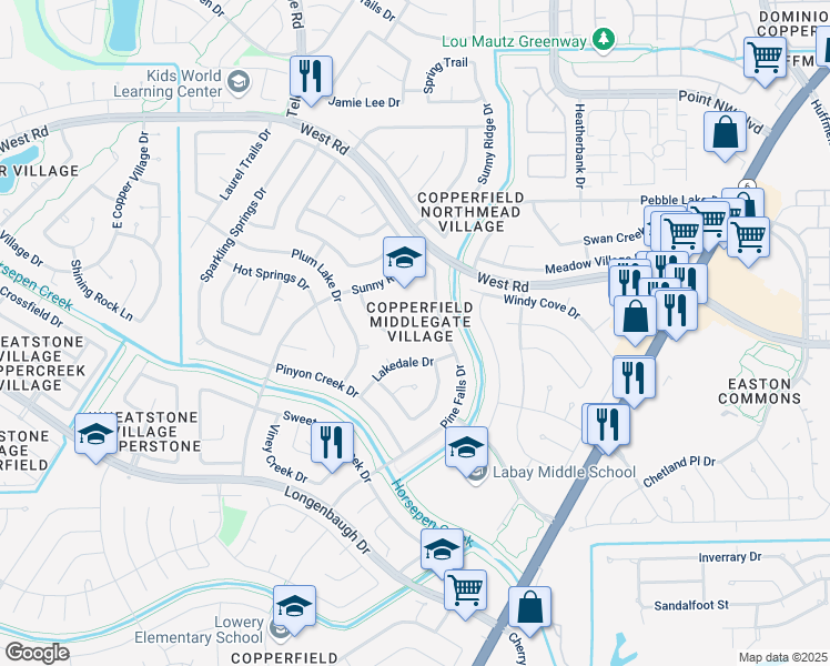 map of restaurants, bars, coffee shops, grocery stores, and more near 15718 Maple Manor Drive in Houston