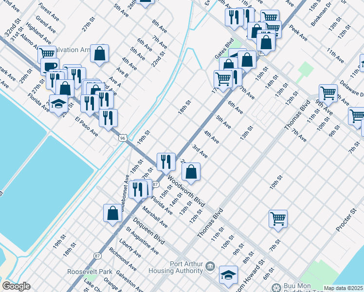 map of restaurants, bars, coffee shops, grocery stores, and more near 3029 Gulfway Drive in Port Arthur