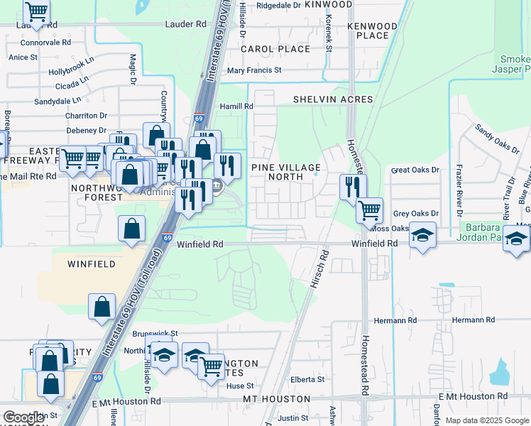 map of restaurants, bars, coffee shops, grocery stores, and more near 5606 Easthampton Drive in Houston
