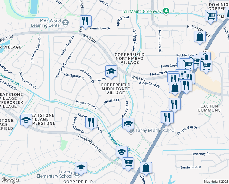 map of restaurants, bars, coffee shops, grocery stores, and more near 15718 Maple Manor Drive in Houston