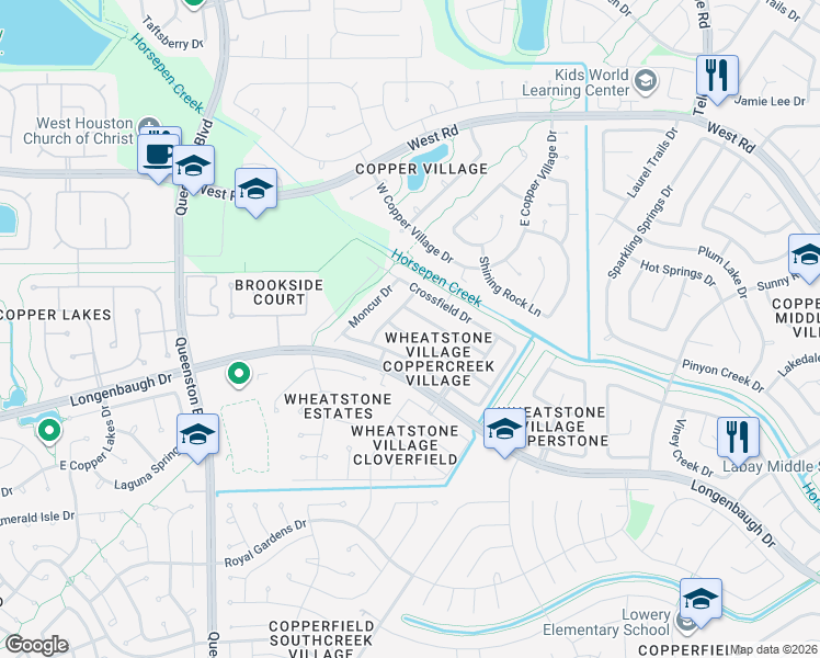 map of restaurants, bars, coffee shops, grocery stores, and more near 16518 Wellers Way in Houston