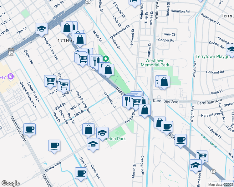 map of restaurants, bars, coffee shops, grocery stores, and more near 2504 Belle Chasse Highway in Gretna