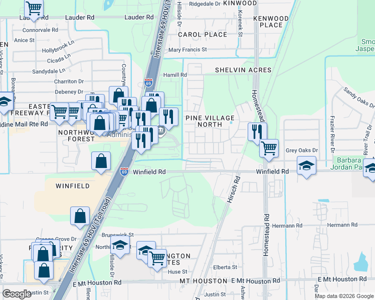 map of restaurants, bars, coffee shops, grocery stores, and more near 5606 Easthampton Drive in Houston