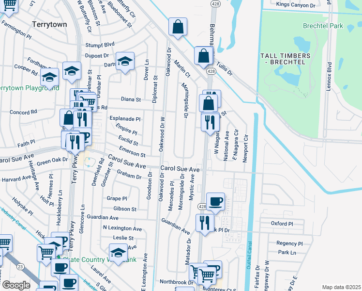 map of restaurants, bars, coffee shops, grocery stores, and more near 660 Morningside Drive in Terrytown