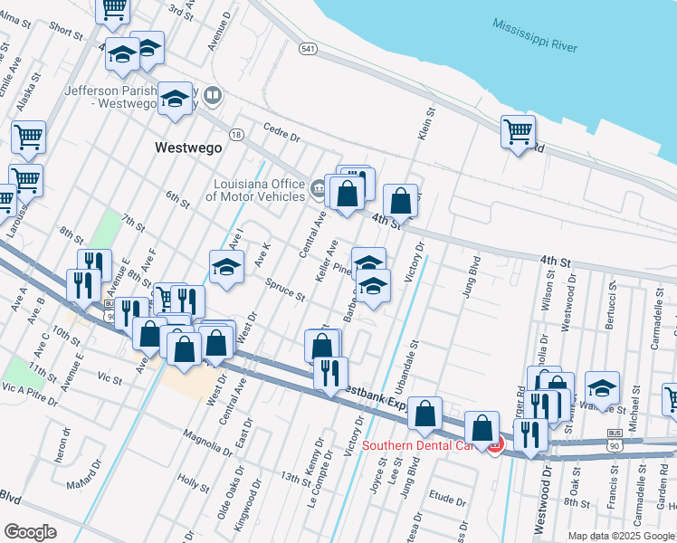 map of restaurants, bars, coffee shops, grocery stores, and more near 700 Chipley Street in Westwego
