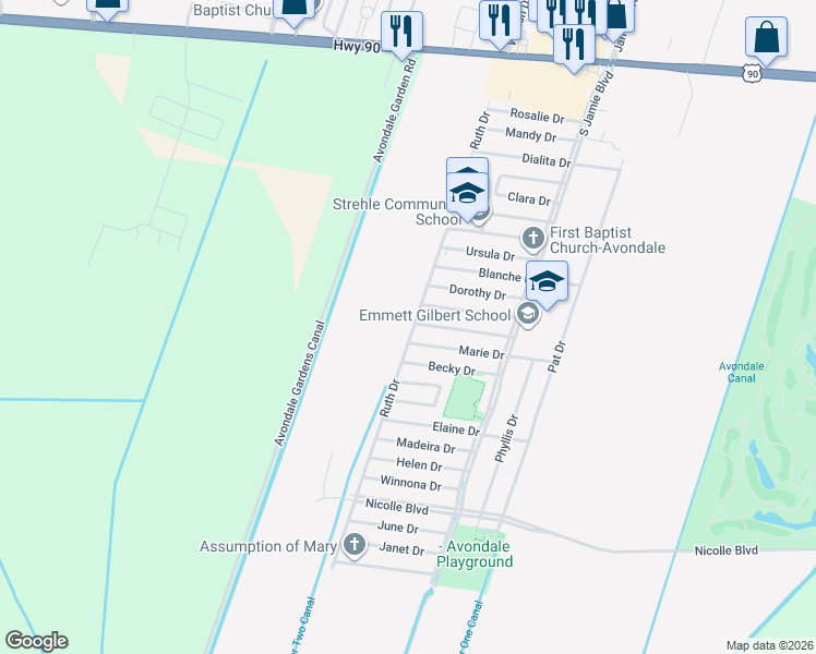 map of restaurants, bars, coffee shops, grocery stores, and more near 504 Ruth Drive in Westwego