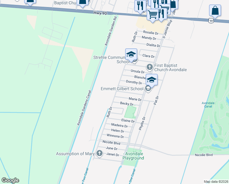 map of restaurants, bars, coffee shops, grocery stores, and more near 504 Ruth Drive in Westwego
