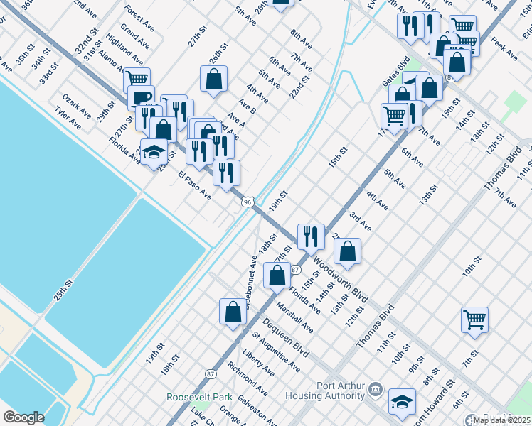 map of restaurants, bars, coffee shops, grocery stores, and more near 2010 Memorial Boulevard in Port Arthur