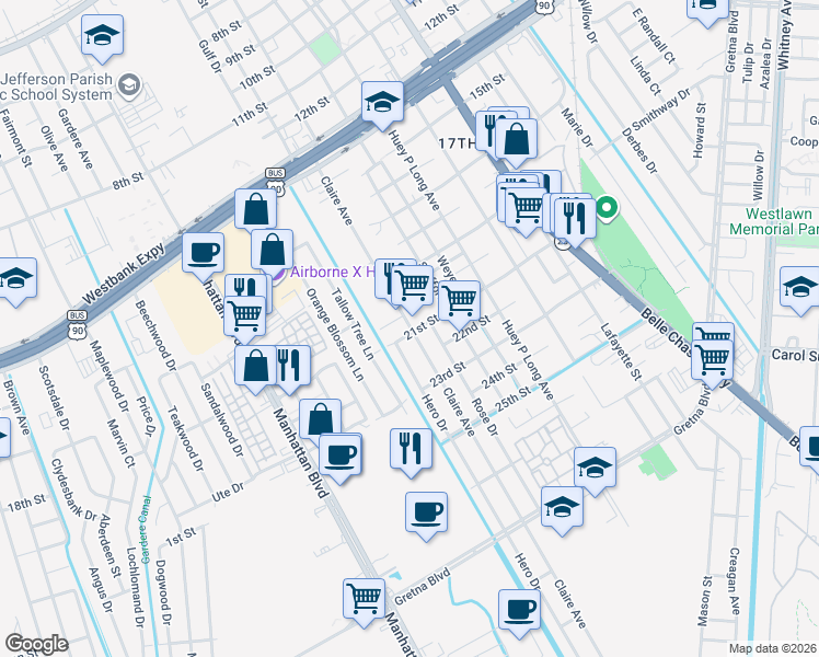 map of restaurants, bars, coffee shops, grocery stores, and more near 1209 21st Street in Gretna
