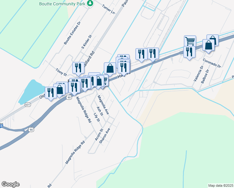 map of restaurants, bars, coffee shops, grocery stores, and more near 162 Myrtle Street in Boutte