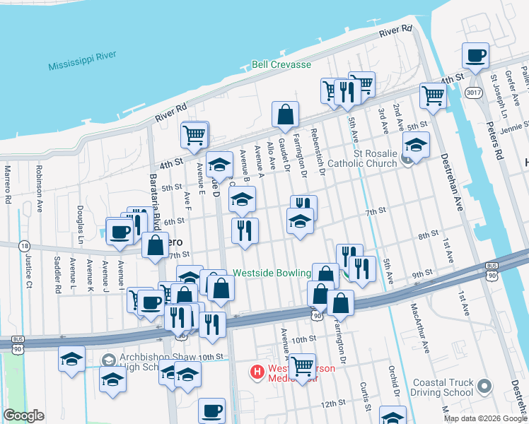 map of restaurants, bars, coffee shops, grocery stores, and more near 604 Ave A in Marrero