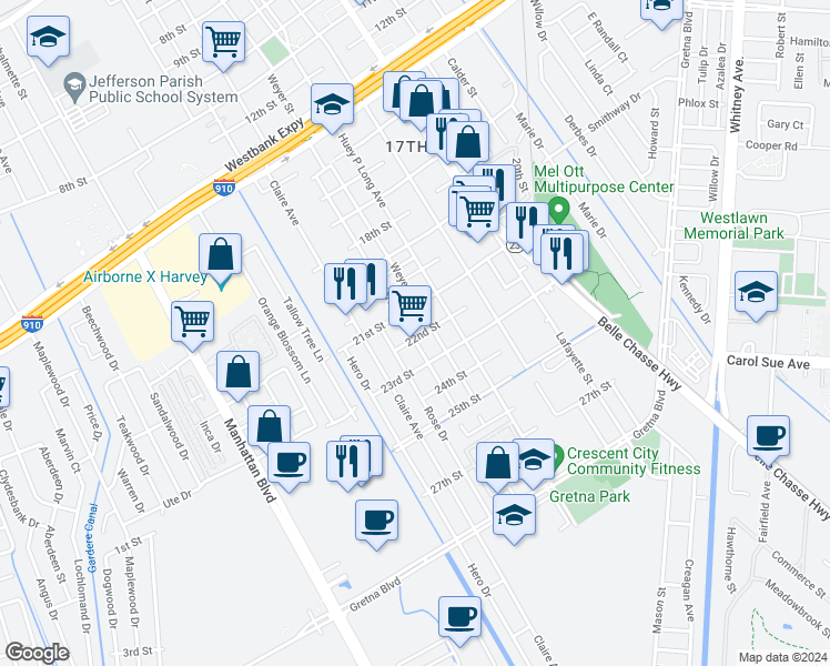 map of restaurants, bars, coffee shops, grocery stores, and more near 2127 Stafford Street in Gretna
