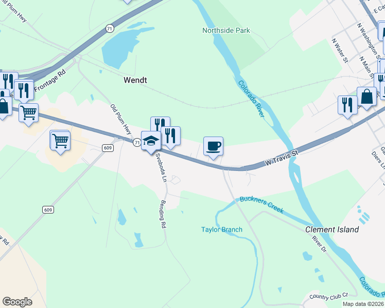 map of restaurants, bars, coffee shops, grocery stores, and more near 1419 West Highway 71 Business in La Grange