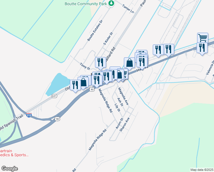 map of restaurants, bars, coffee shops, grocery stores, and more near 13491 US 90 in Boutte