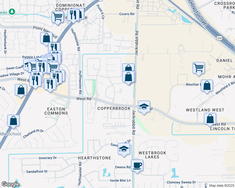 map of restaurants, bars, coffee shops, grocery stores, and more near 14703 Regalbrook Court in Houston