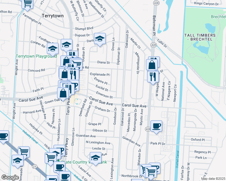 map of restaurants, bars, coffee shops, grocery stores, and more near 2175 Euclid Street in Gretna